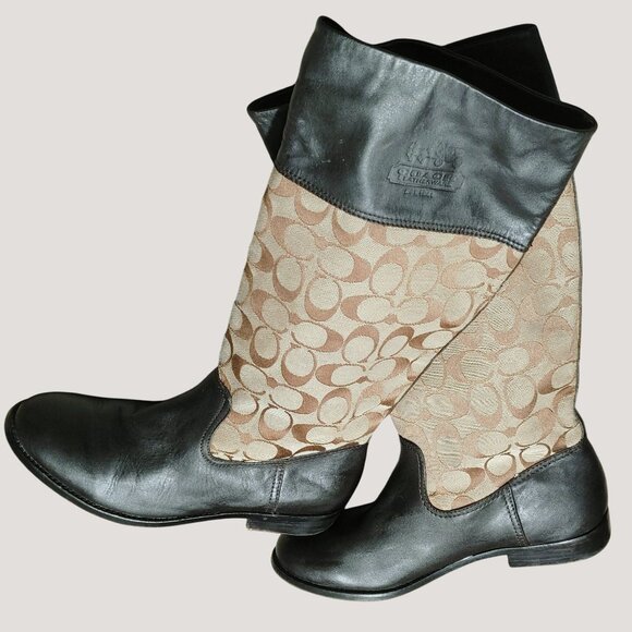 Coach Tall Riding Boots Size 6.5 Genuine Leather Fabric Brown Khaki Beige Vintag - Picture 1 of 12